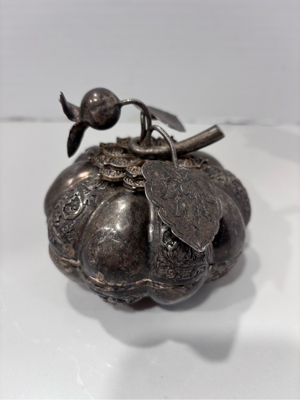 Cambodian Silver Repousse Pumpkin Shaped Betel Box
